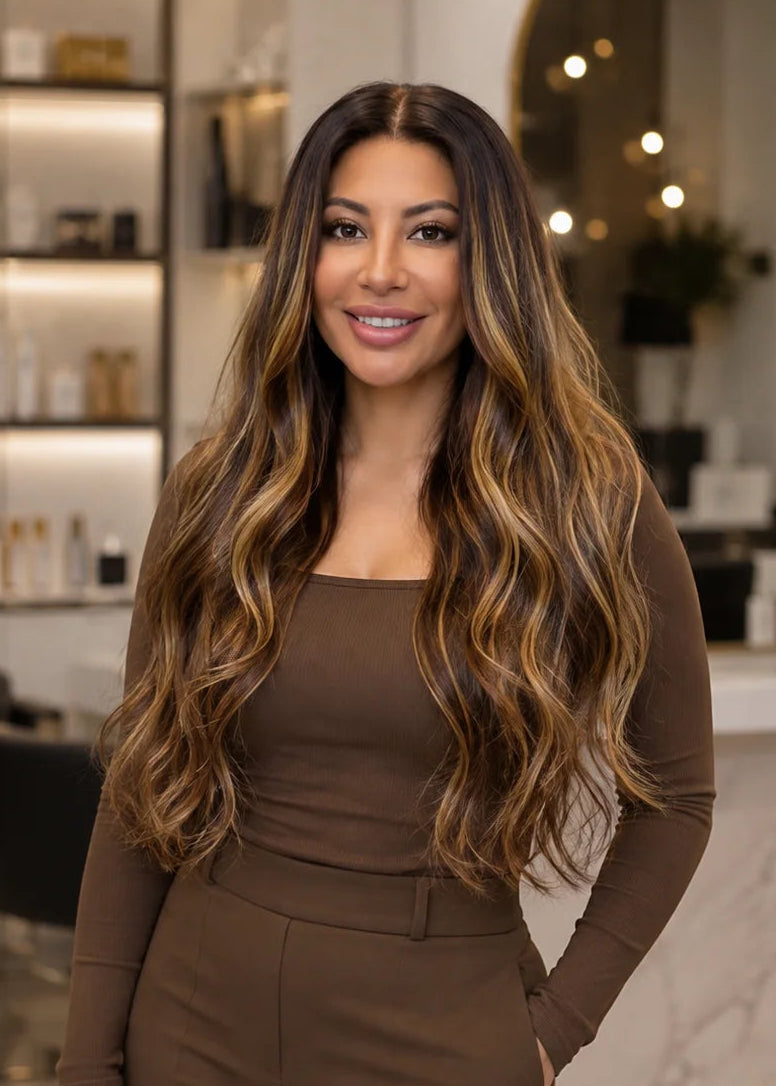 Wavy Texture Ombre Brown With Highlight Virgin Hair Wig