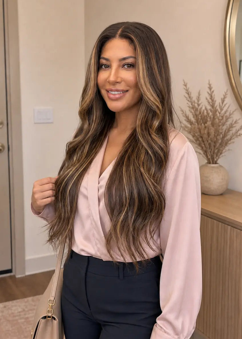 Wavy Texture Ombre Brown With Highlight Virgin Hair Wig