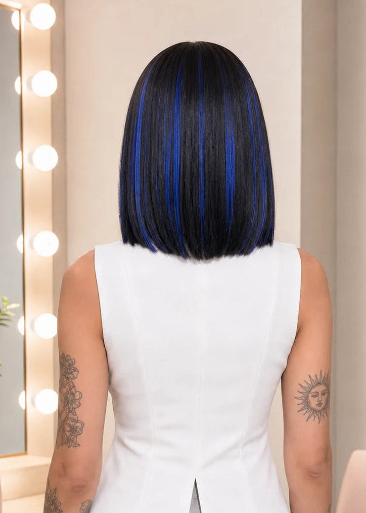 Silky Straight Bob Dress-up Blue Highlight Human Hair Wig