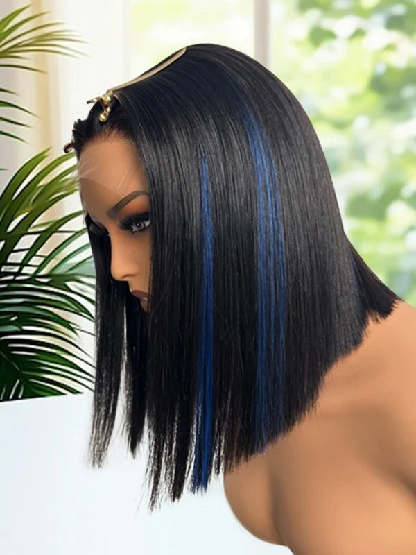 Silky Straight Bob Dress-up Blue Highlight Human Hair Wig