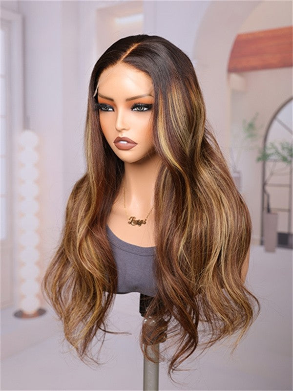 Wavy Texture Ombre Brown With Highlight Virgin Hair Wig