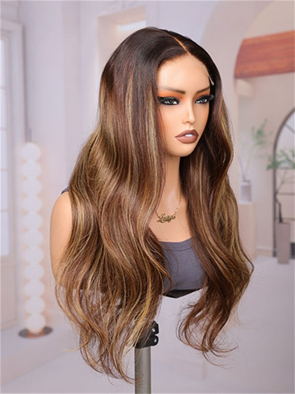Wavy Texture Ombre Brown With Highlight Virgin Hair Wig